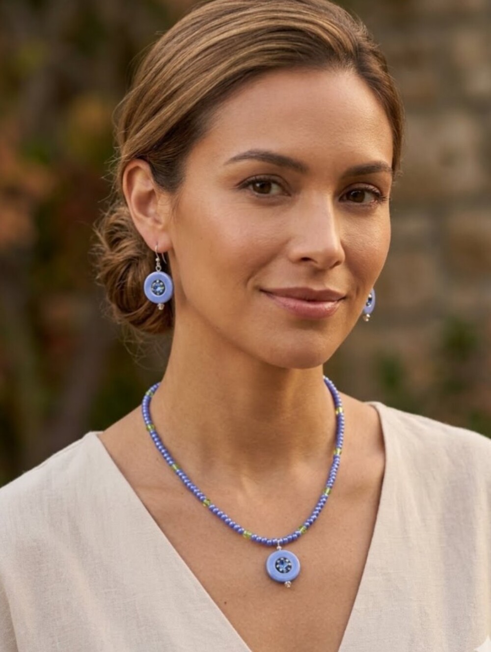 Handmade Periwinkle Blue Green Crystal Accent Matching Necklace & Earrings Set